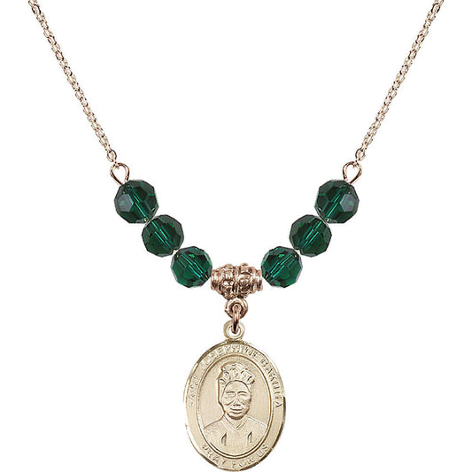 14kt Gold Filled Saint Josephine Bakhita Birthstone Necklace with Emerald Beads - 8360