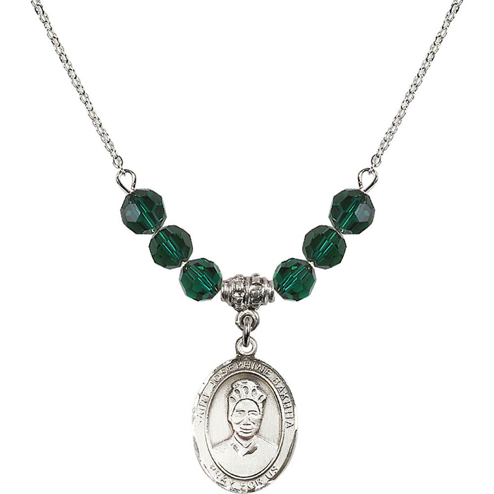 Sterling Silver Saint Josephine Bakhita Birthstone Necklace with Emerald Beads - 8360