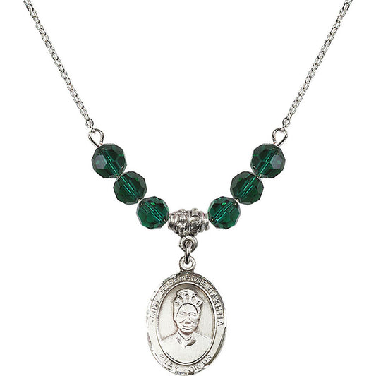 Sterling Silver Saint Josephine Bakhita Birthstone Necklace with Emerald Beads - 8360