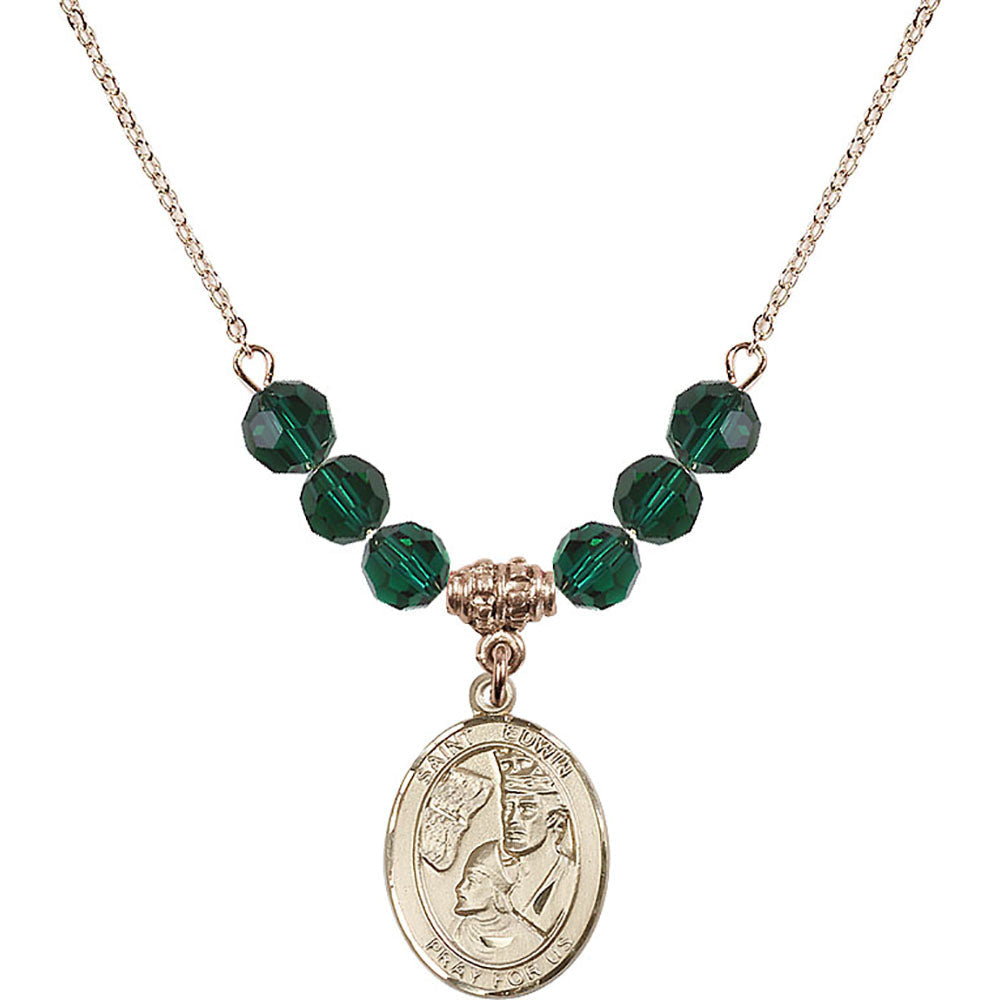 14kt Gold Filled Saint Edwin Birthstone Necklace with Emerald Beads - 8361