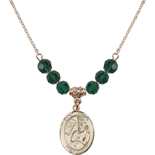 14kt Gold Filled Saint Edwin Birthstone Necklace with Emerald Beads - 8361