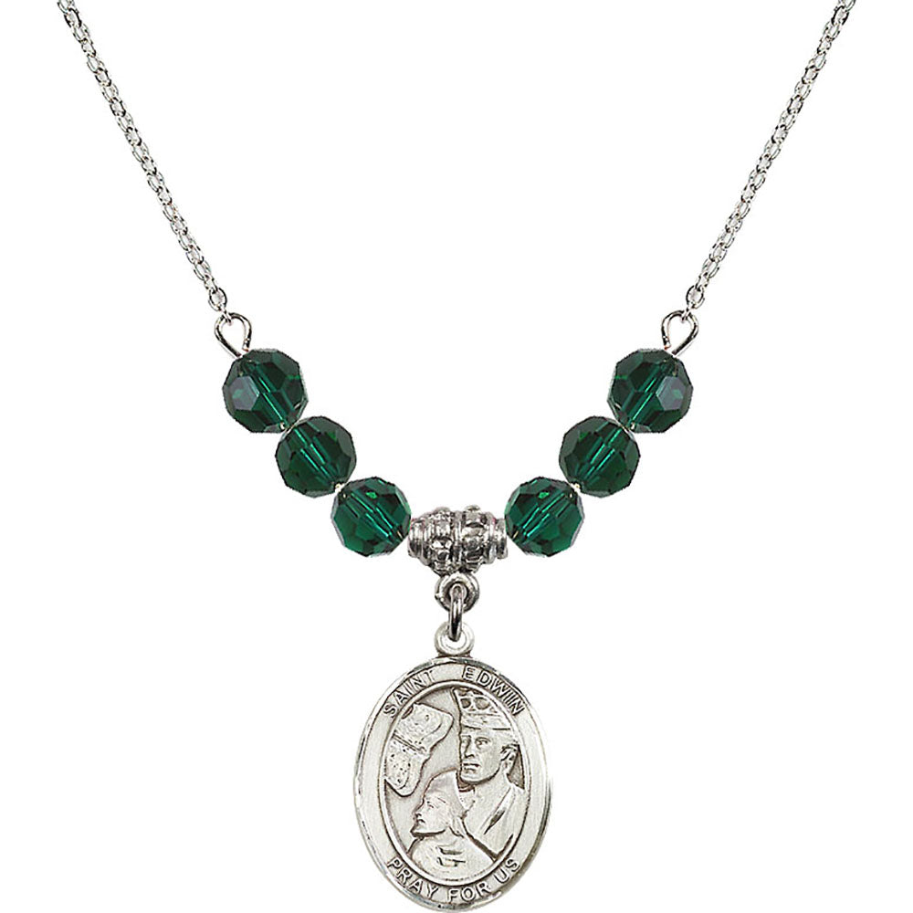 Sterling Silver Saint Edwin Birthstone Necklace with Emerald Beads - 8361