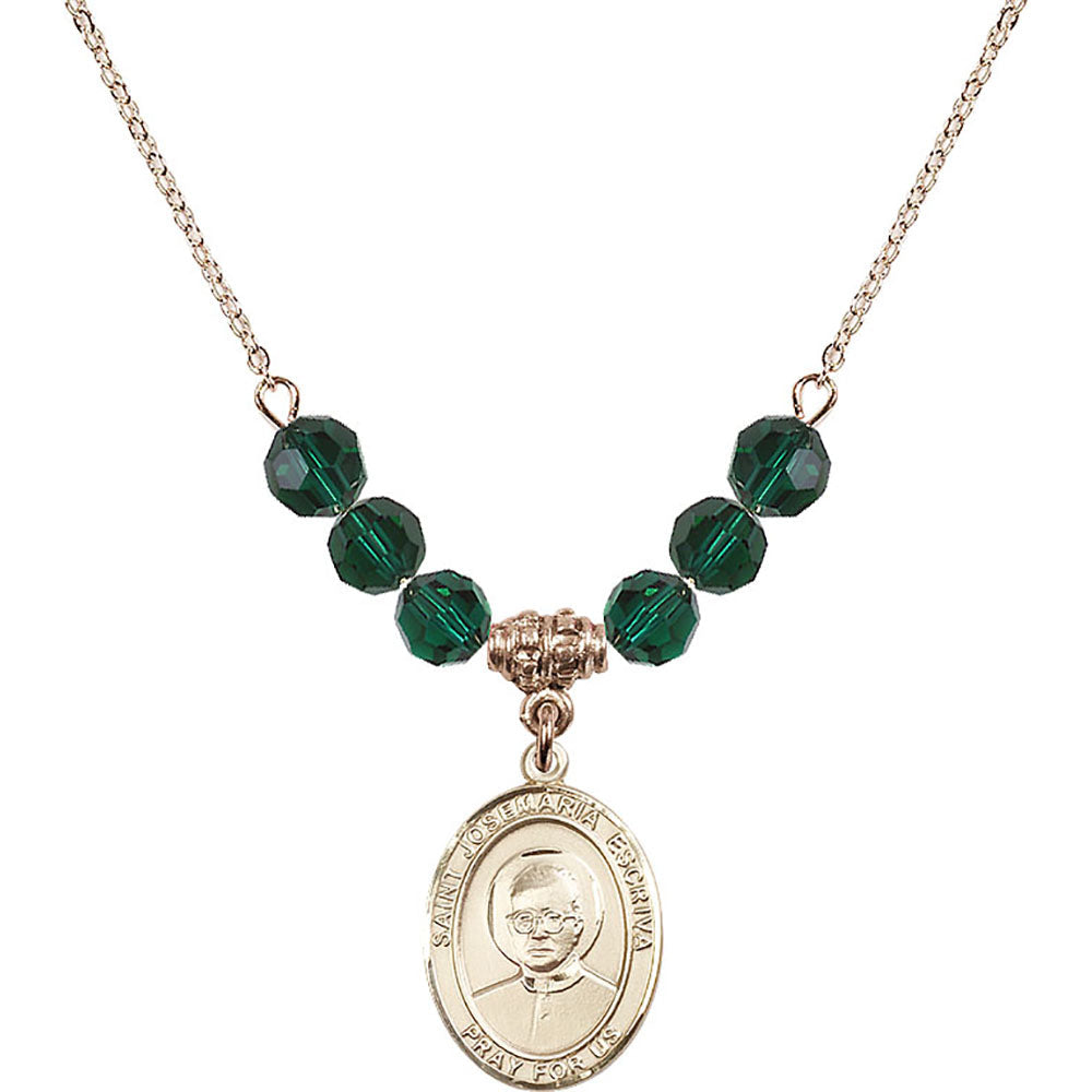 14kt Gold Filled Saint Josemaria Escriva Birthstone Necklace with Emerald Beads - 8362