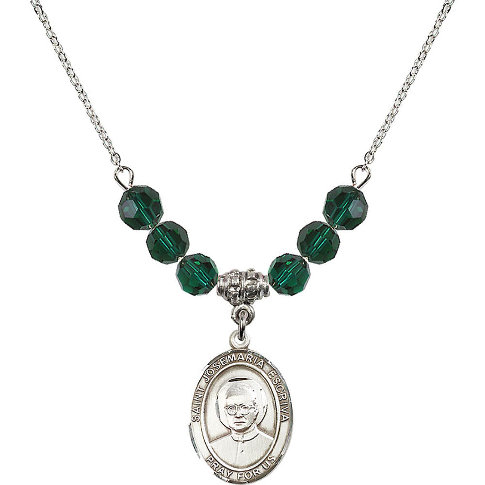 Sterling Silver Saint Josemaria Escriva Birthstone Necklace with Emerald Beads - 8362