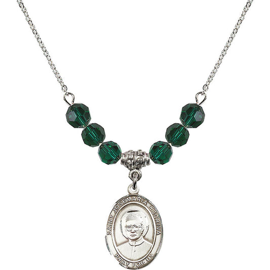Sterling Silver Saint Josemaria Escriva Birthstone Necklace with Emerald Beads - 8362
