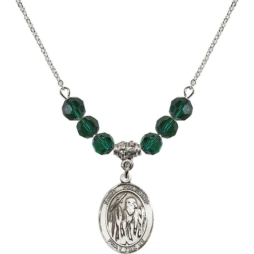 Sterling Silver Saint Polycarp of Smyrna Birthstone Necklace with Emerald Beads - 8363