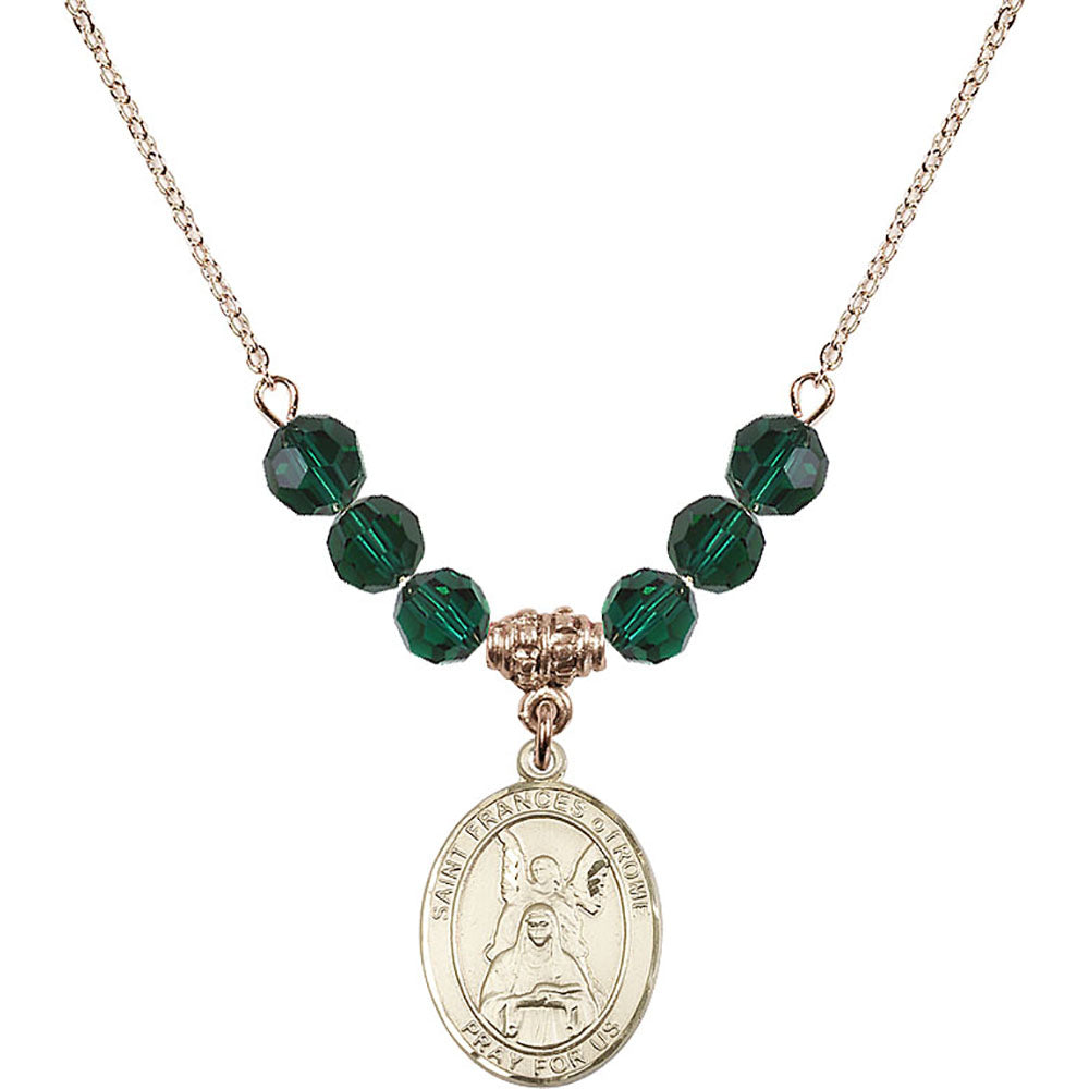 14kt Gold Filled Saint Frances of Rome Birthstone Necklace with Emerald Beads - 8365