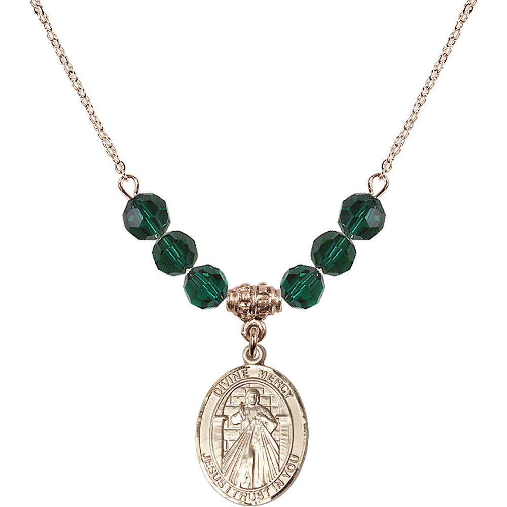 14kt Gold Filled Divine Mercy Birthstone Necklace with Emerald Beads - 8366