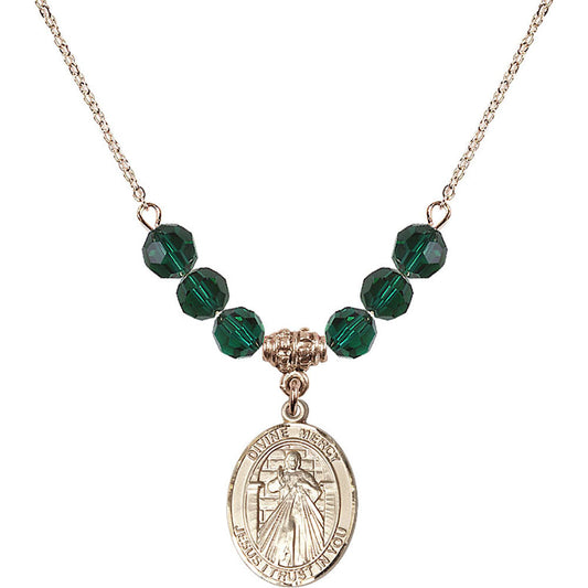 14kt Gold Filled Divine Mercy Birthstone Necklace with Emerald Beads - 8366