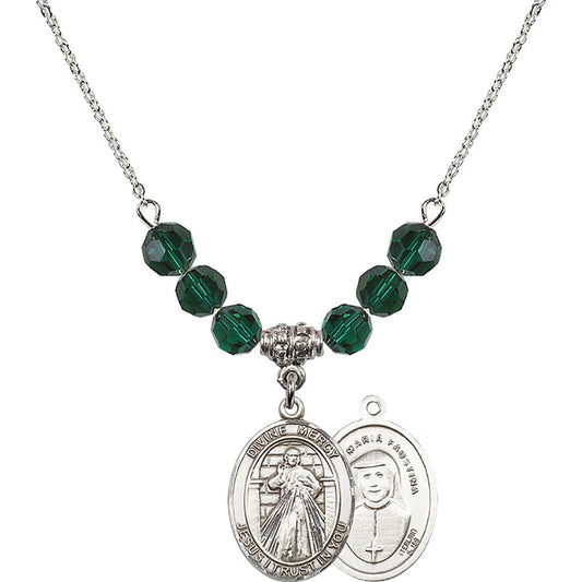 Sterling Silver Divine Mercy Birthstone Necklace with Emerald Beads - 8366