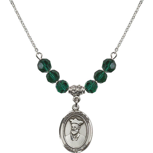 Sterling Silver Saint Philip Neri Birthstone Necklace with Emerald Beads - 8369
