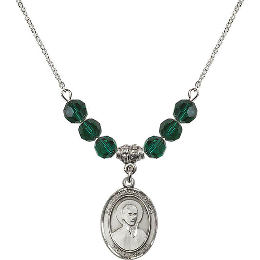 Sterling Silver Saint John Berchmans Birthstone Necklace with Emerald Beads - 8370