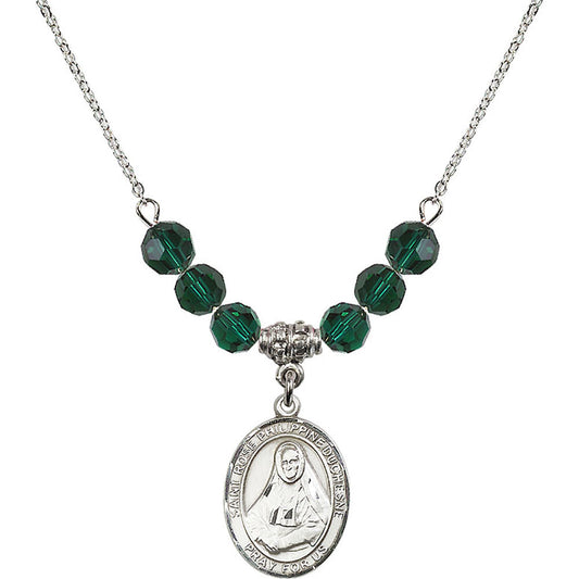 Sterling Silver Saint Rose Philippine Duchesne Birthstone Necklace with Emerald Beads - 8371