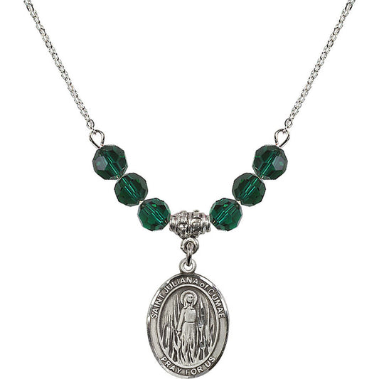 Sterling Silver Saint Juliana of Cumae Birthstone Necklace with Emerald Beads - 8372