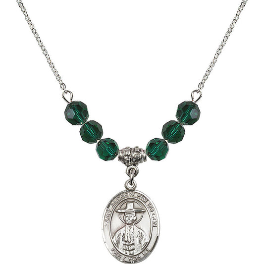 Sterling Silver Saint Andrew Kim Taegon Birthstone Necklace with Emerald Beads - 8373