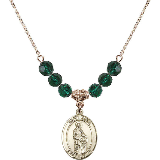 14kt Gold Filled Saint Anne Birthstone Necklace with Emerald Beads - 8374