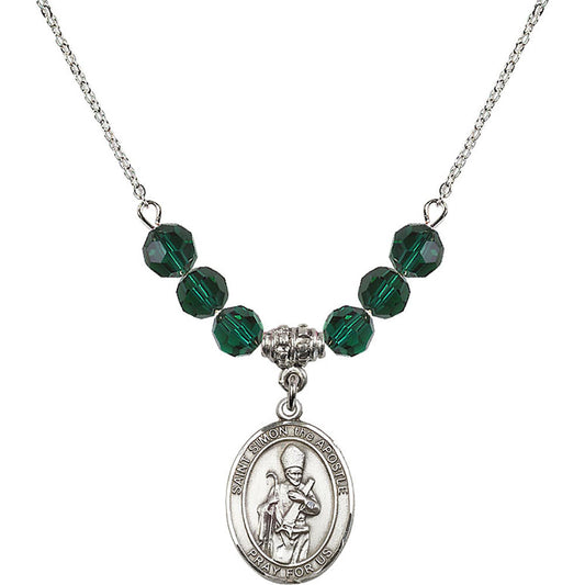Sterling Silver Saint Simon the Apostle Birthstone Necklace with Emerald Beads - 8375