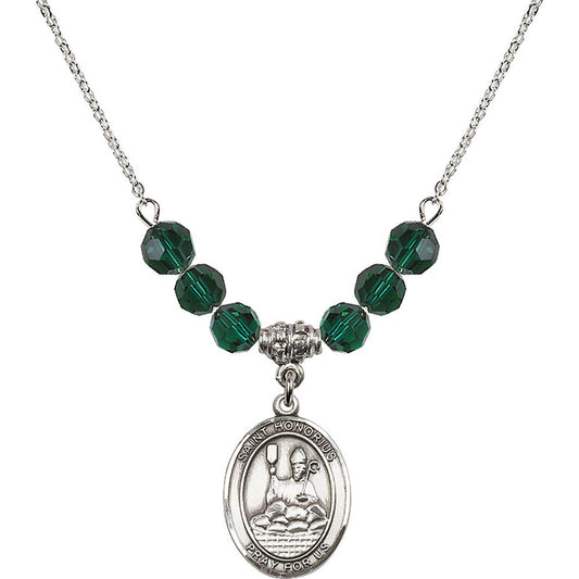Sterling Silver Saint Honorius of Amiens Birthstone Necklace with Emerald Beads - 8376