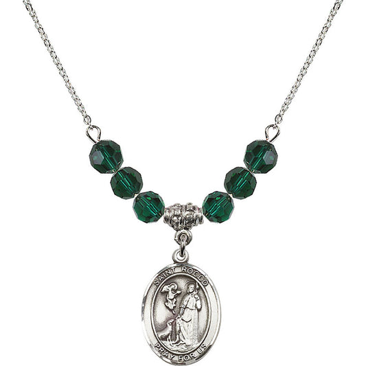Sterling Silver Saint Rocco Birthstone Necklace with Emerald Beads - 8377