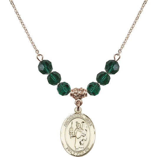 14kt Gold Filled Saint Uriel the Archangel Birthstone Necklace with Emerald Beads - 8378