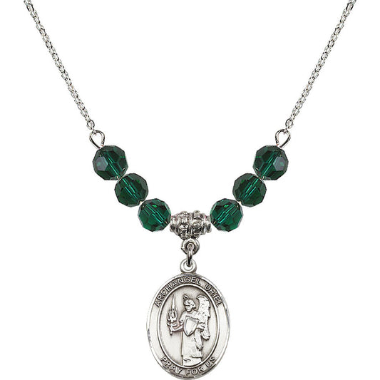 Sterling Silver Saint Uriel the Archangel Birthstone Necklace with Emerald Beads - 8378