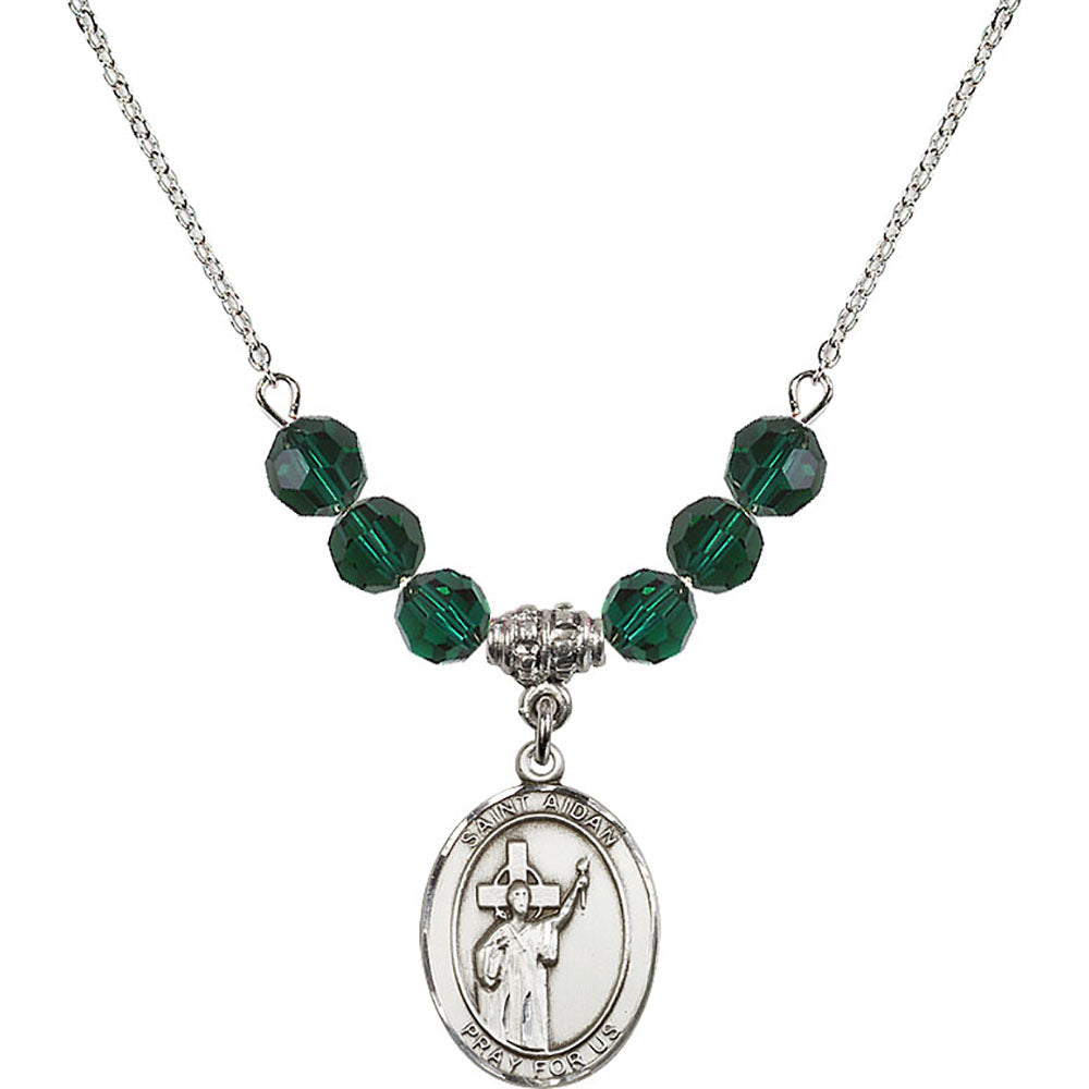 Sterling Silver Saint Aidan of Lindesfarne Birthstone Necklace with Emerald Beads - 8381