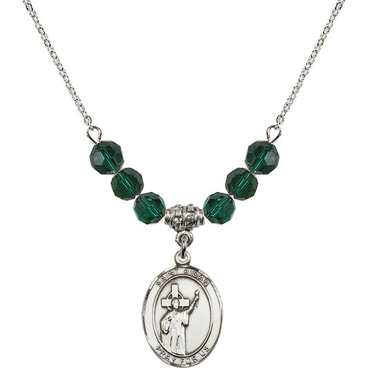 Sterling Silver Saint Aidan of Lindesfarne Birthstone Necklace with Emerald Beads - 8381