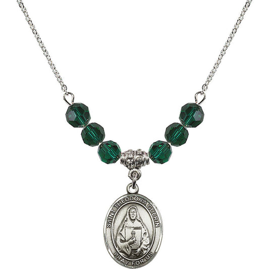 Sterling Silver Saint Theodora Birthstone Necklace with Emerald Beads - 8382