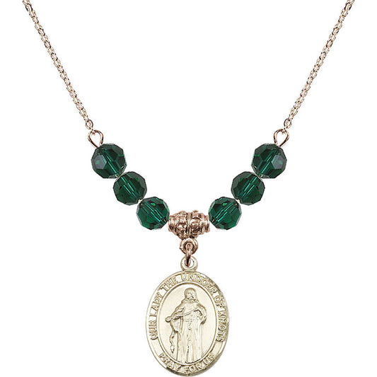 14kt Gold Filled Our Lady the Undoer of Knots Birthstone Necklace with Emerald Beads - 8383