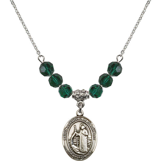 Sterling Silver Saint Raymond of Penafort Birthstone Necklace with Emerald Beads - 8385