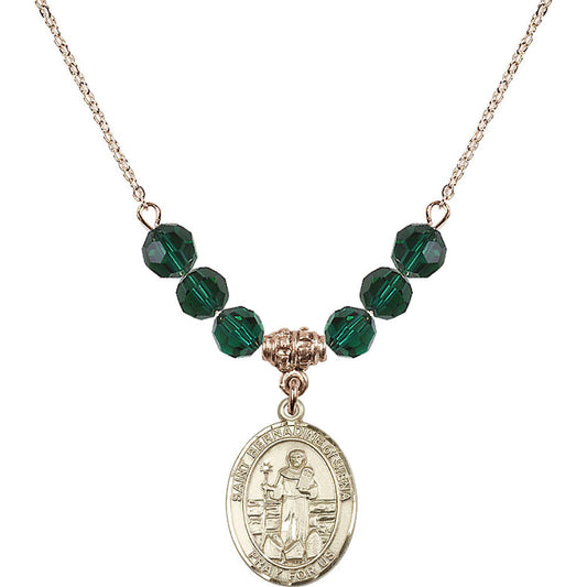 14kt Gold Filled Saint Bernadine of Sienna Birthstone Necklace with Emerald Beads - 8387