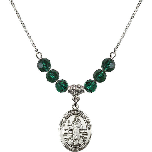 Sterling Silver Saint Bernadine of Sienna Birthstone Necklace with Emerald Beads - 8387