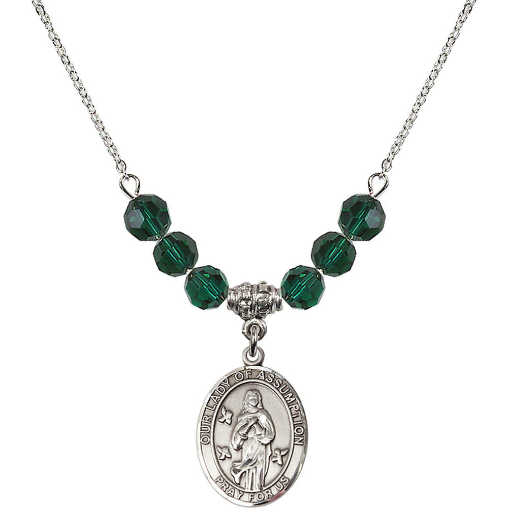 Sterling Silver Our Lady of Assumption Birthstone Necklace with Emerald Beads - 8388
