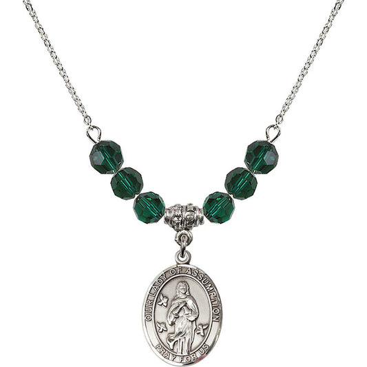 Sterling Silver Our Lady of Assumption Birthstone Necklace with Emerald Beads - 8388