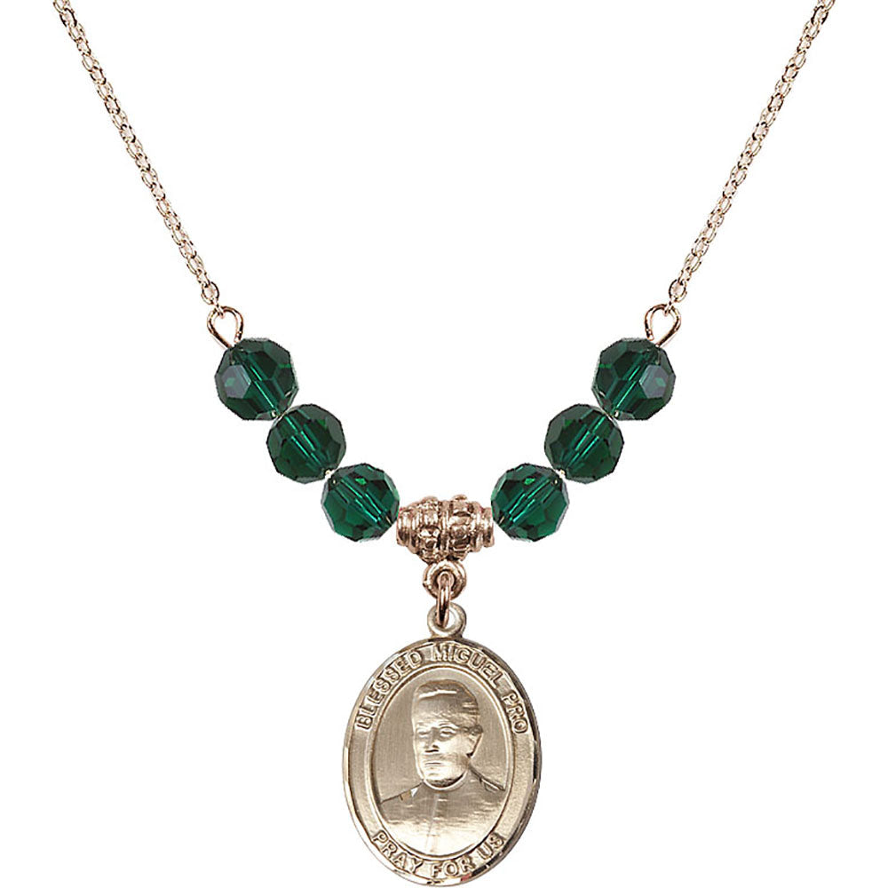 14kt Gold Filled Blessed Miguel Pro Birthstone Necklace with Emerald Beads - 8389