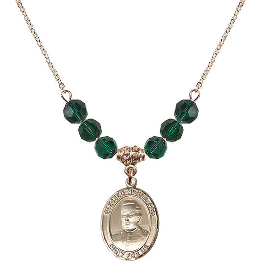 14kt Gold Filled Blessed Miguel Pro Birthstone Necklace with Emerald Beads - 8389