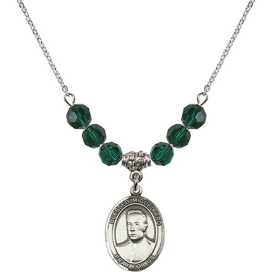 Sterling Silver Blessed Miguel Pro Birthstone Necklace with Emerald Beads - 8389