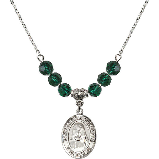 Sterling Silver Saint Pauline Visintainer Birthstone Necklace with Emerald Beads - 8391