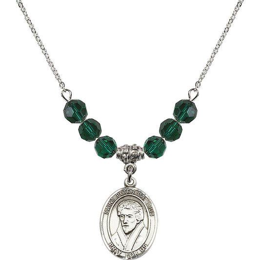 Sterling Silver Saint Peter Canisius Birthstone Necklace with Emerald Beads - 8393