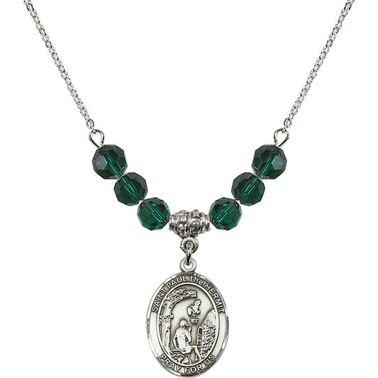 Sterling Silver Saint Paul the Hermit Birthstone Necklace with Emerald Beads - 8394