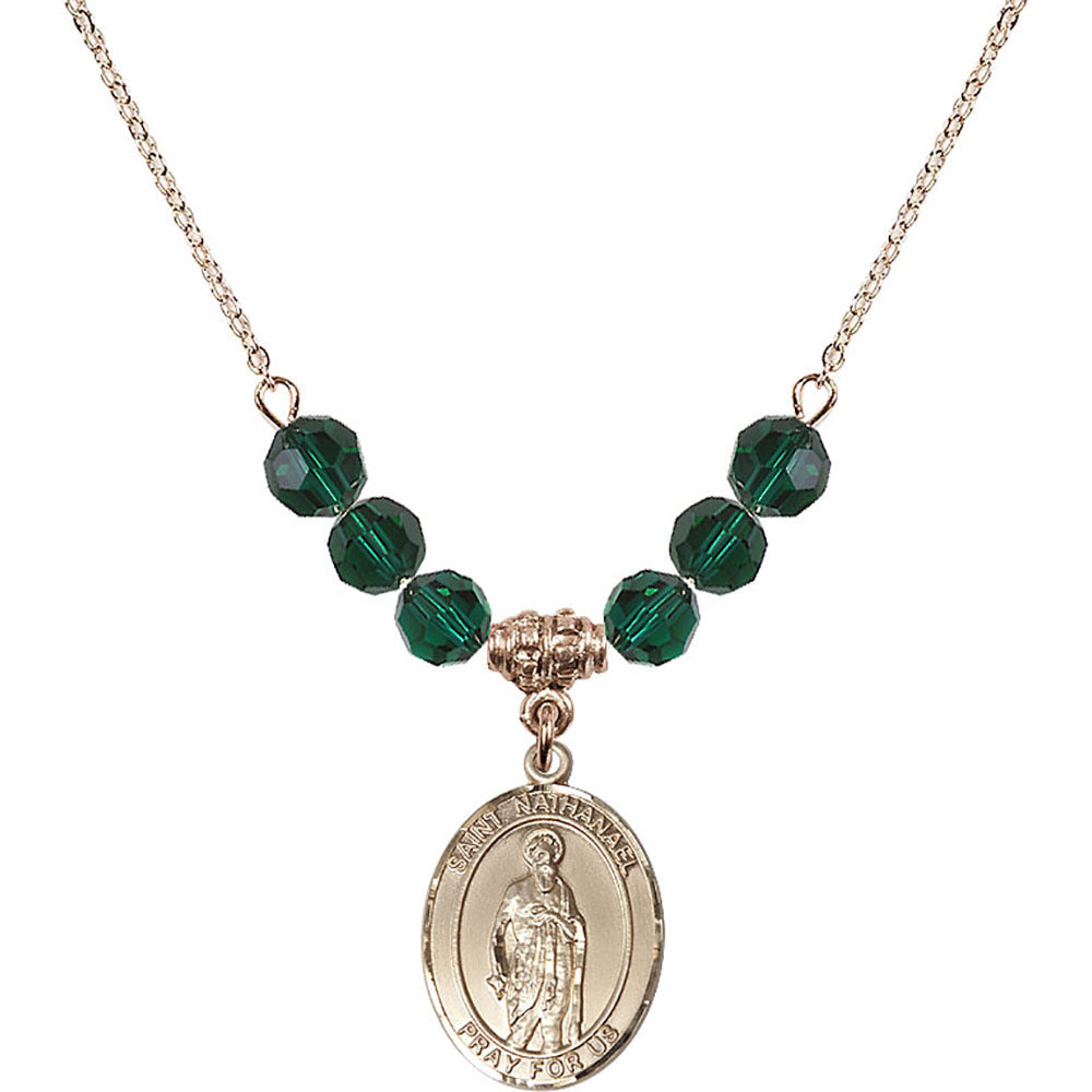 14kt Gold Filled Saint Nathanael Birthstone Necklace with Emerald Beads - 8398