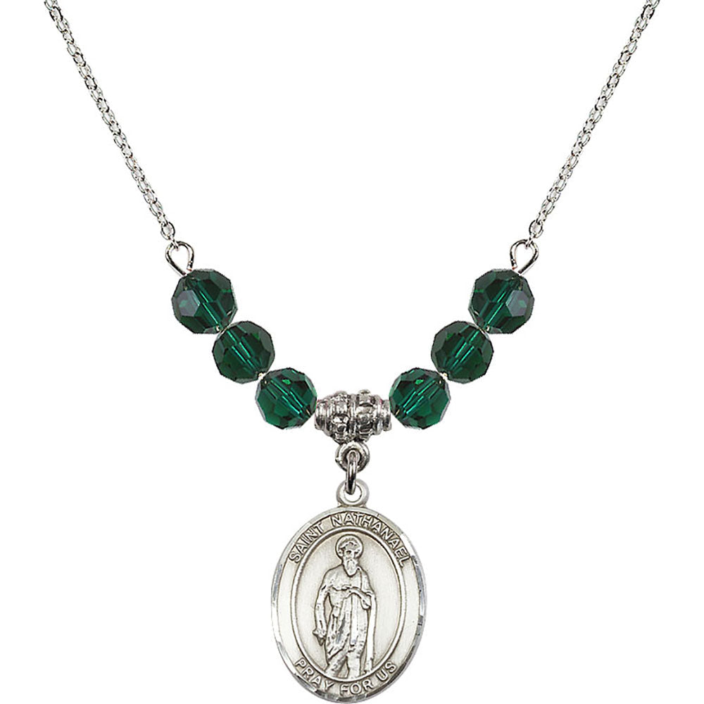Sterling Silver Saint Nathanael Birthstone Necklace with Emerald Beads - 8398