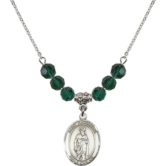 Sterling Silver Saint Nathanael Birthstone Necklace with Emerald Beads - 8398