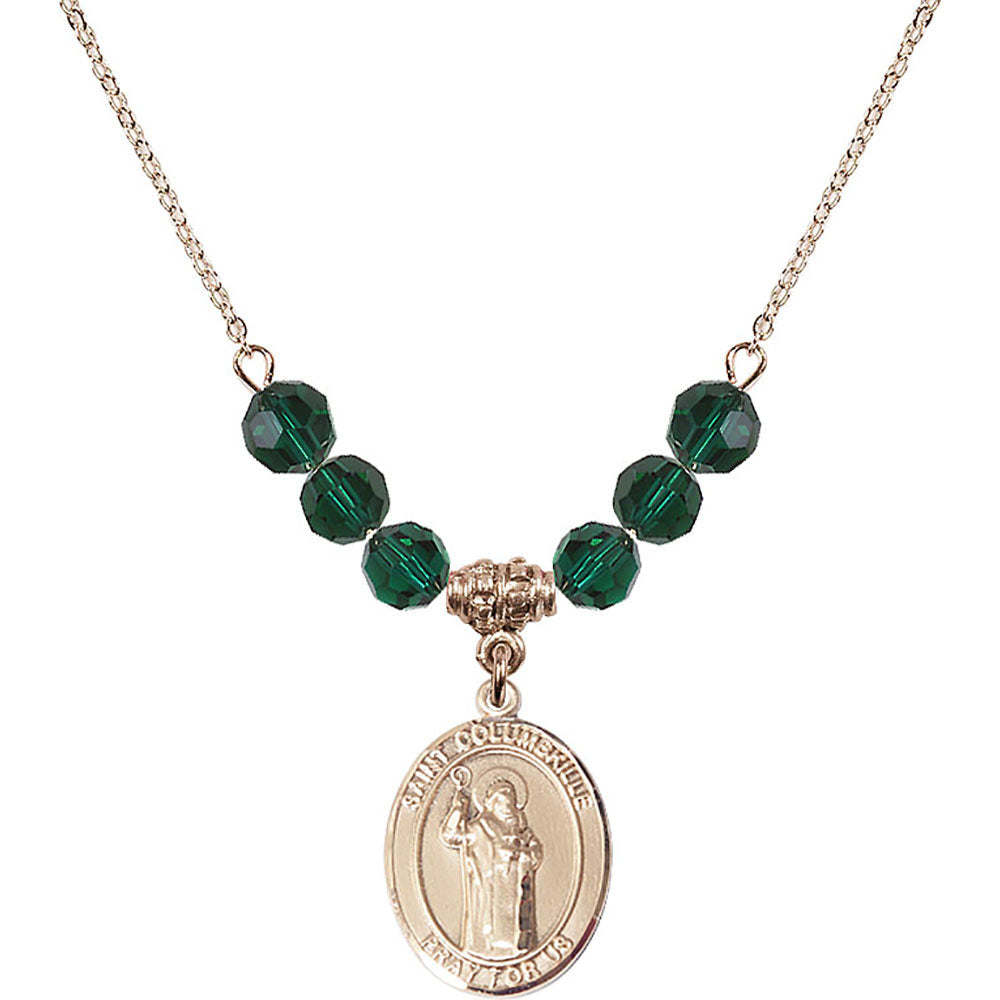 14kt Gold Filled Saint Columbkille Birthstone Necklace with Emerald Beads - 8399