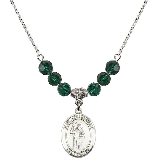 Sterling Silver Saint Columbkille Birthstone Necklace with Emerald Beads - 8399