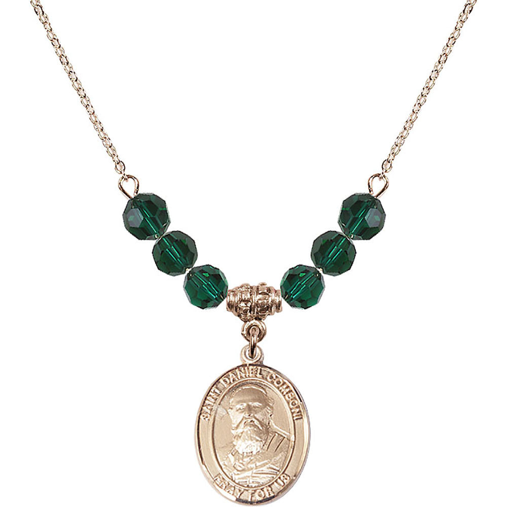 14kt Gold Filled Saint Daniel Comboni Birthstone Necklace with Emerald Beads - 8400
