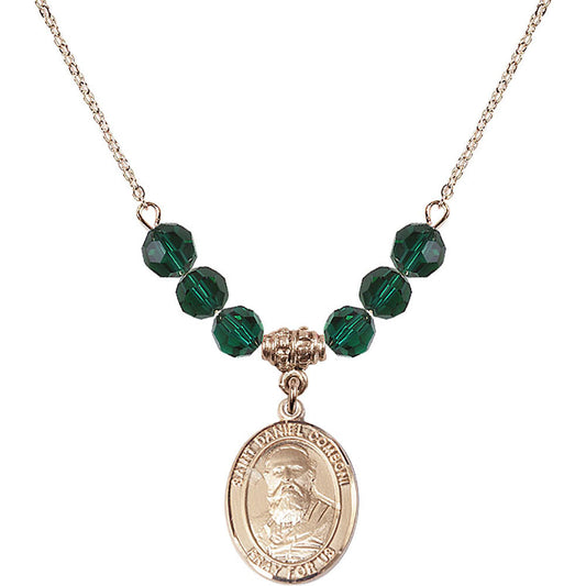 14kt Gold Filled Saint Daniel Comboni Birthstone Necklace with Emerald Beads - 8400