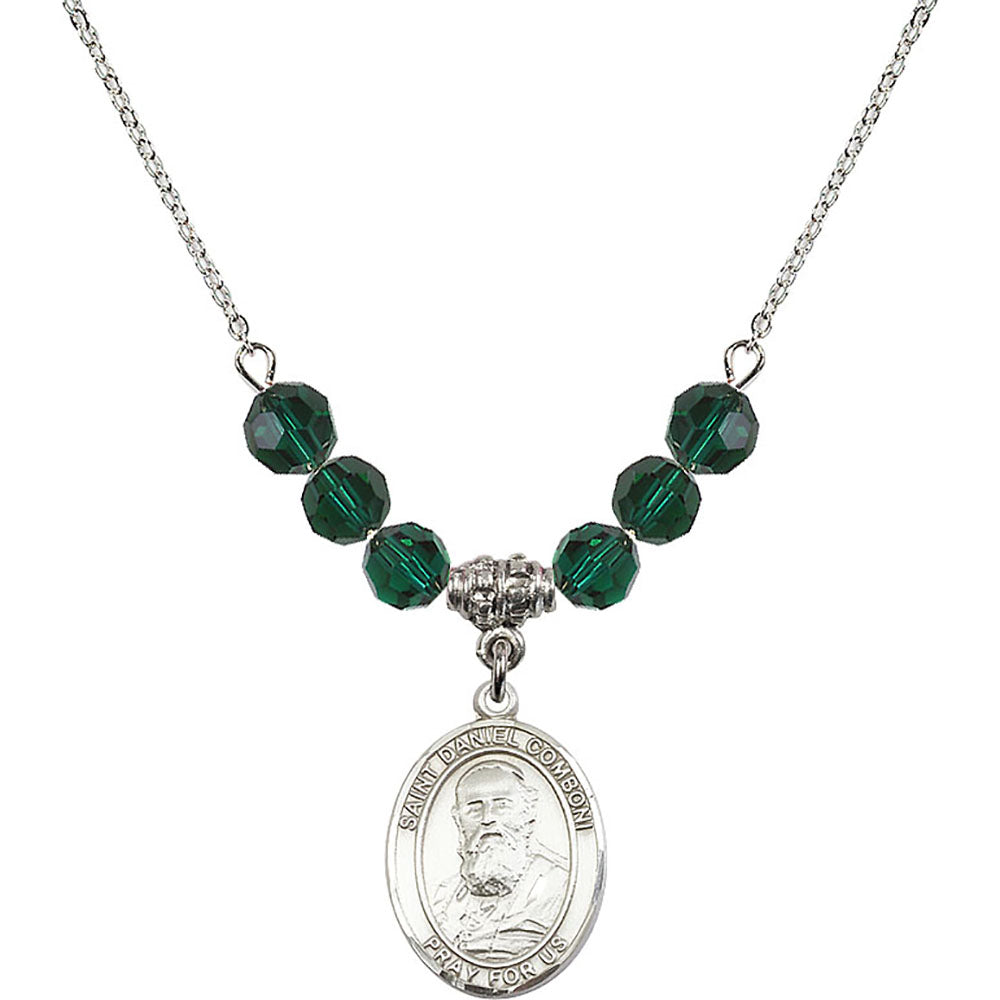 Sterling Silver Saint Daniel Comboni Birthstone Necklace with Emerald Beads - 8400