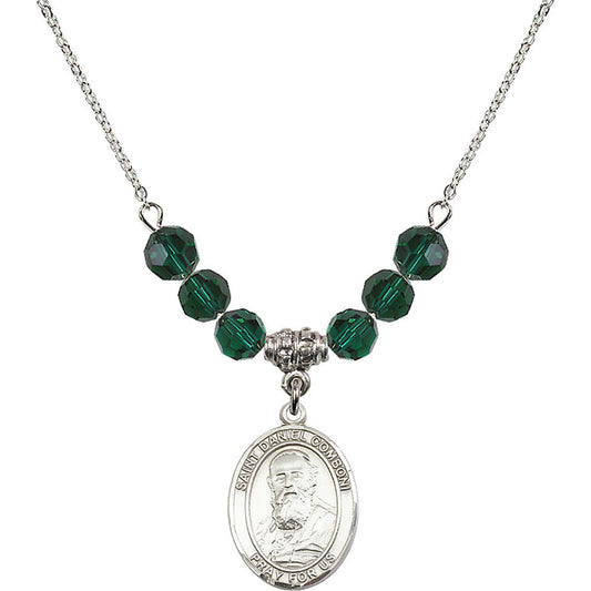 Sterling Silver Saint Daniel Comboni Birthstone Necklace with Emerald Beads - 8400