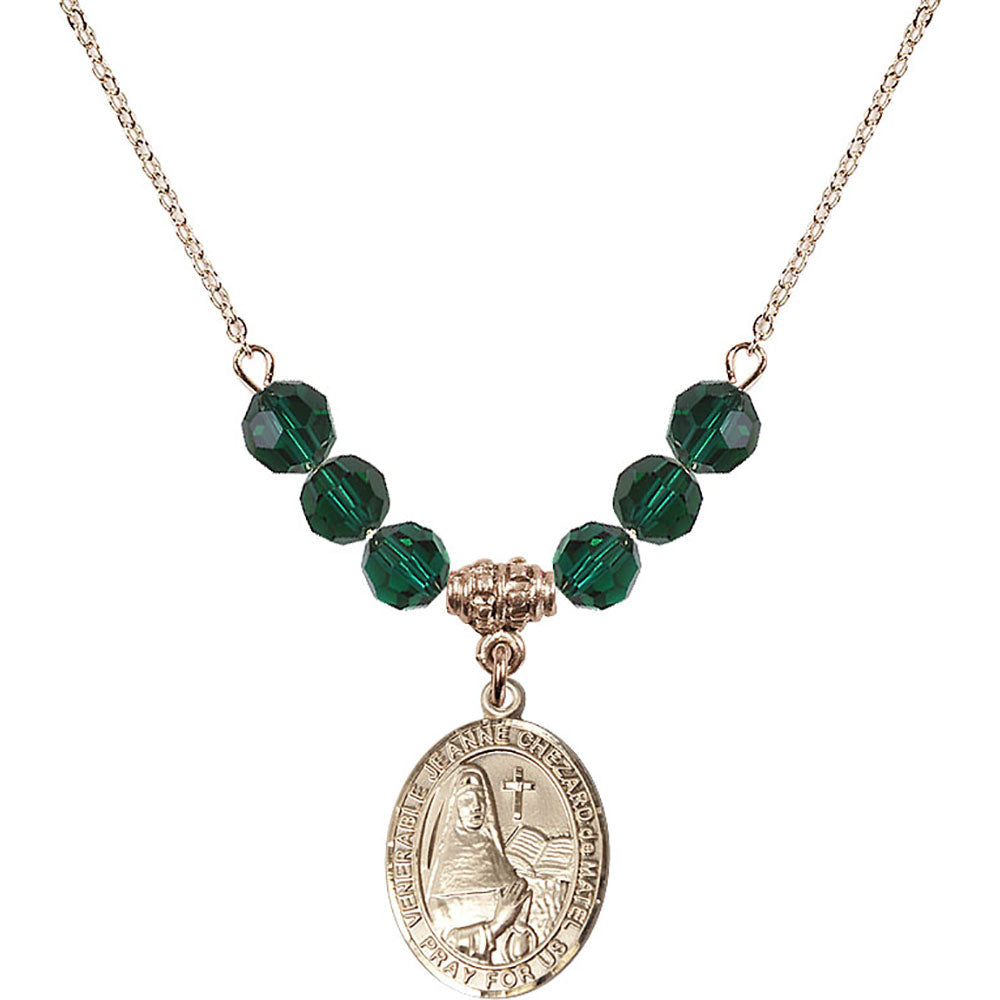 14kt Gold Filled Saint Jeanne Chezard de Matel Birthstone Necklace with Emerald Beads - 8401